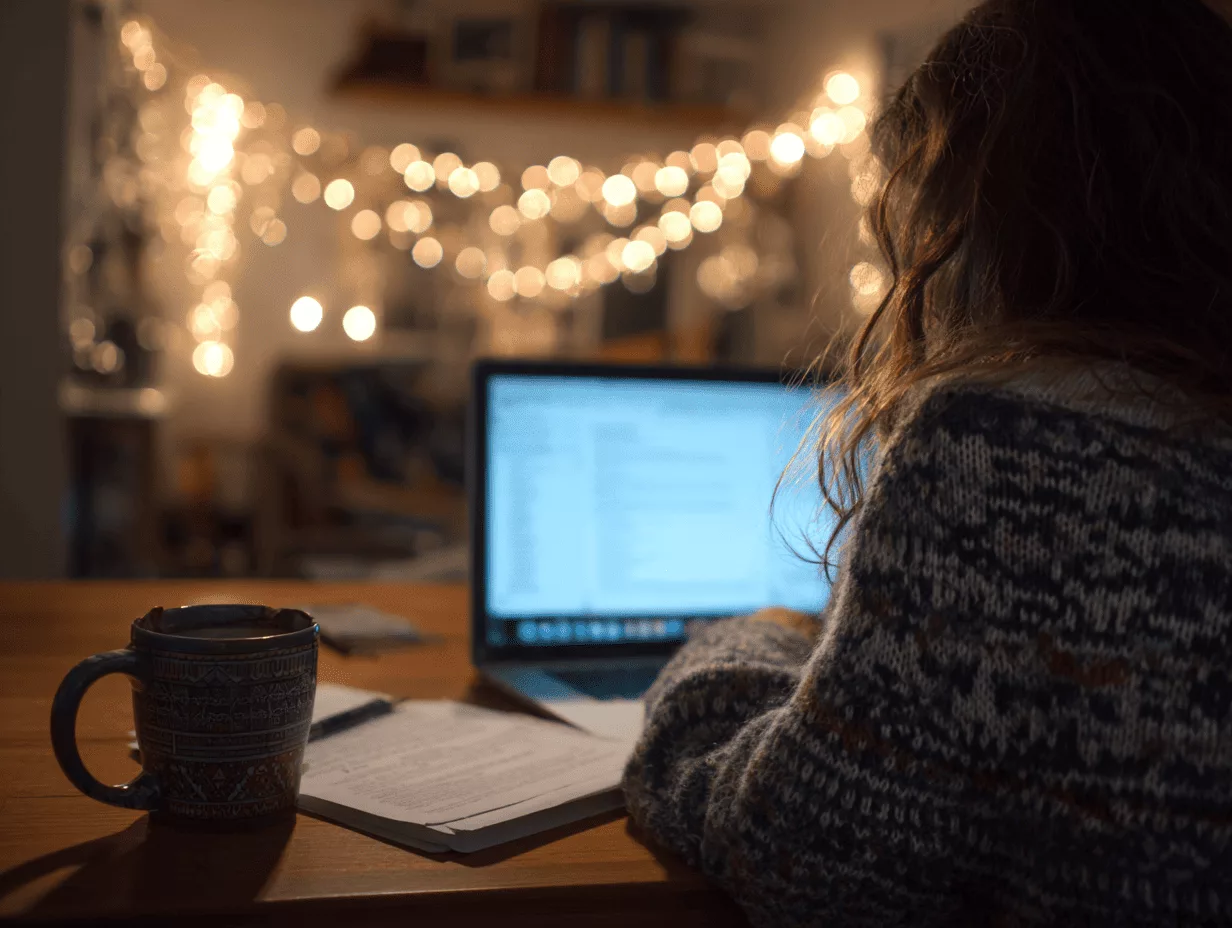 Studentessa mentre scrive tesi in periodo natalizio